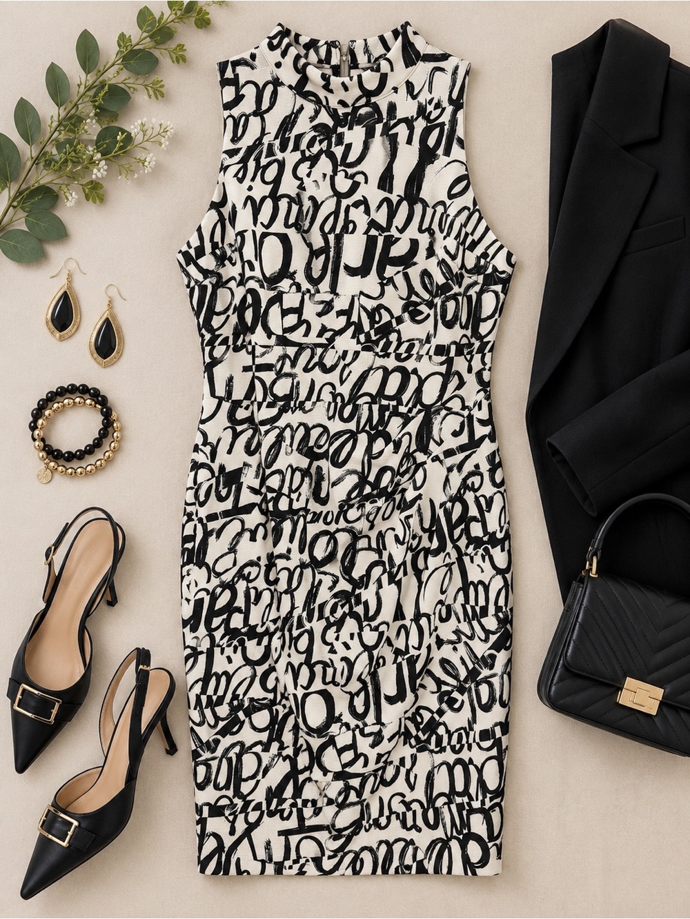 New York & Company Black & White Graffiti Print Sheath Dress Size Medium